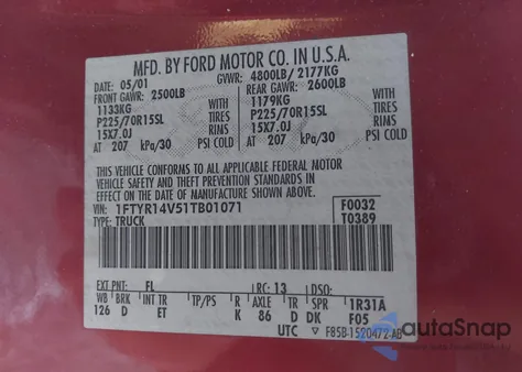 2001 Ford Ranger Edge/Xl/Xlt из США, поврежденный, VIN 1FTYR14V51TB01071